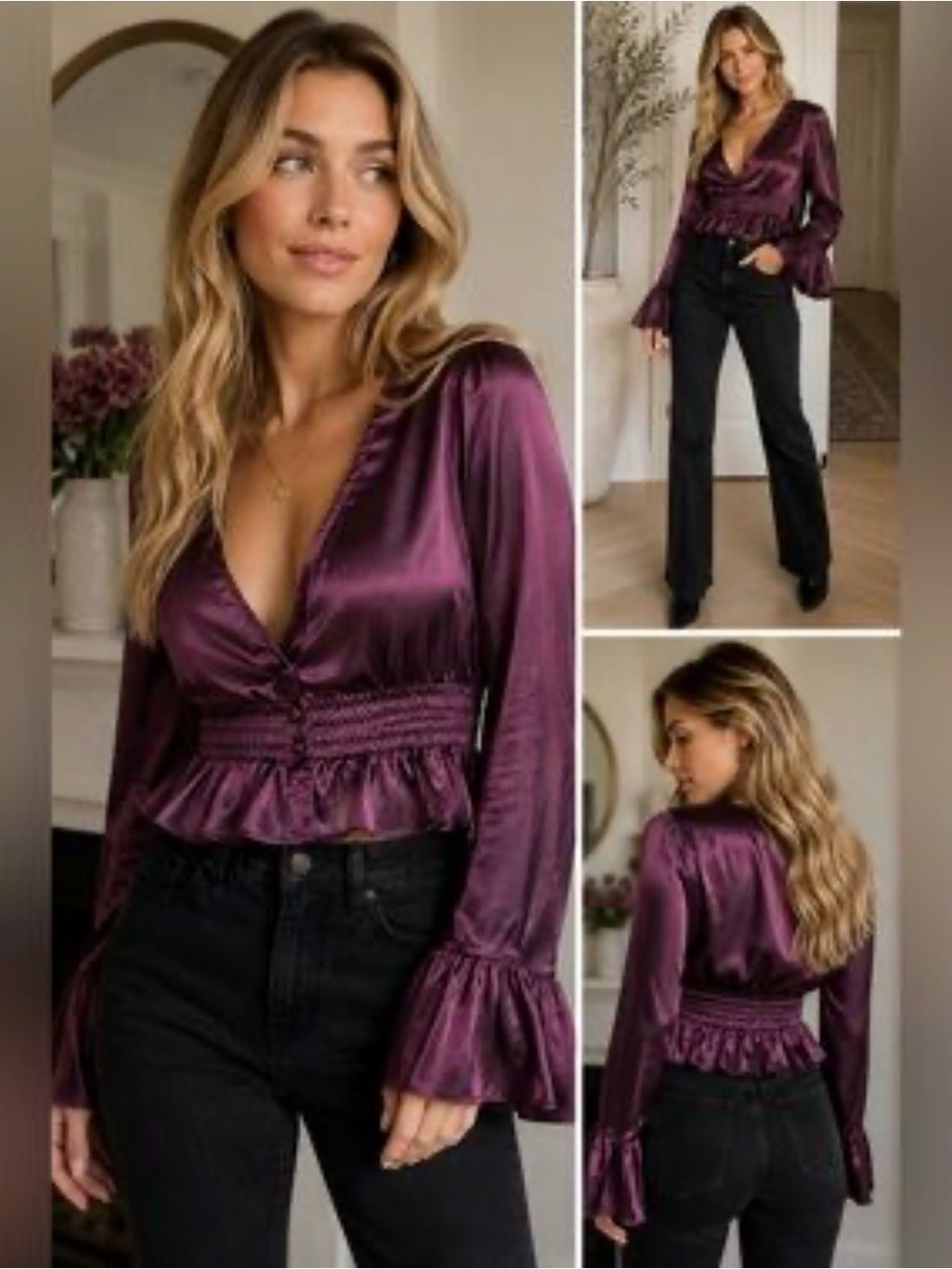 Free people ( intimately ) Women’s Satin V-Neck Peplum Blouse - Plum